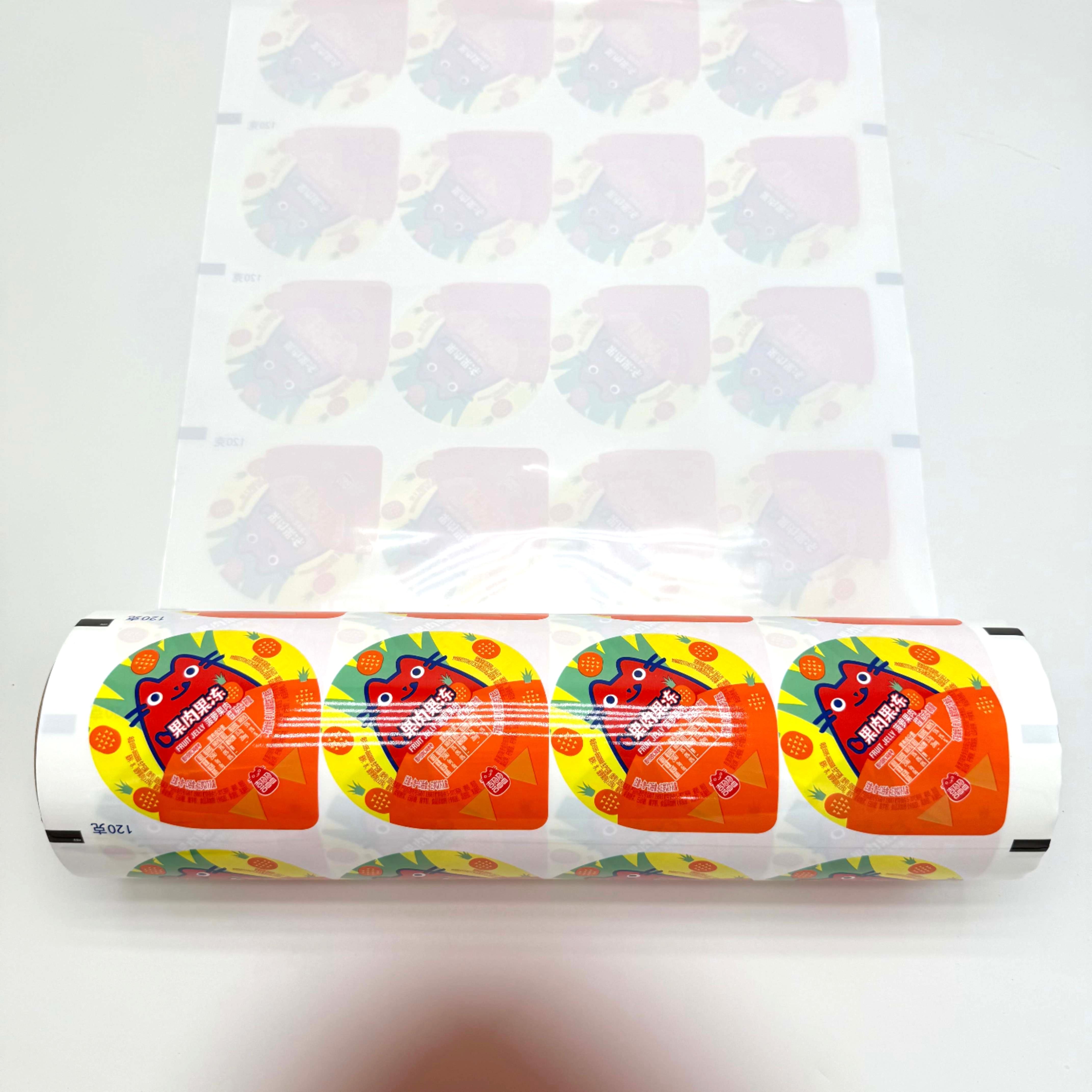 Botella de empaquetado de alimentos estampados de White PE Botella de la tapa Roll Stock Película para sellado de bandeja de taza