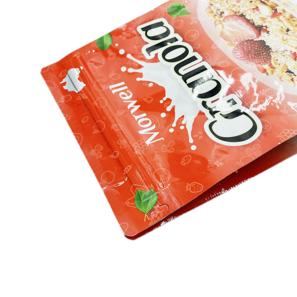 Bolsa de comida de empaque de plástico con avena de fondo plano impreso con cremallera con cremallera